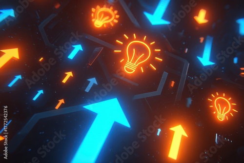 An abstract interface with a bunch of glowing light bulbs and flowing arrows, creating a futuristic and innovative concept.