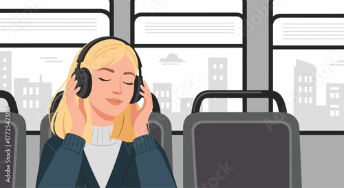 Blonde woman with headphones enjoys peaceful music on public transport with city skyline view