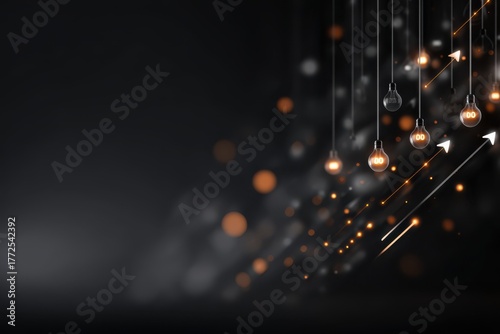 A mesmerizing abstract interface on a black background featuring glowing light bulbs and flowing arrows.