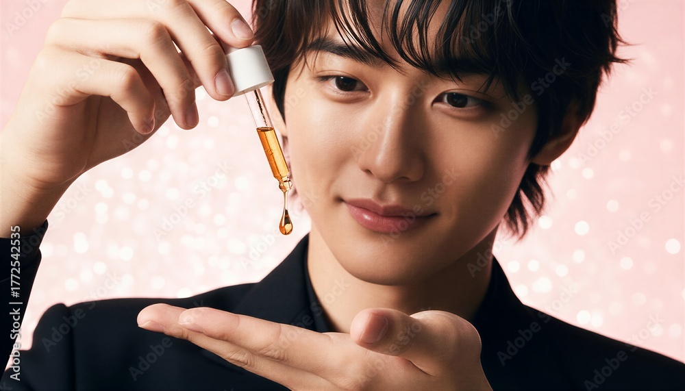 Obraz premium スポイトの美容液を手のひらに垂らす若い男性