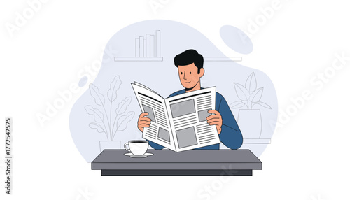 Man calmly reading newspaper with coffee at desk, enjoying morning news and quiet moment