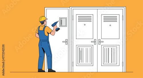 Skilled handyman with drill installs new door hardware, ensuring smooth operation and modern upgrades for any property