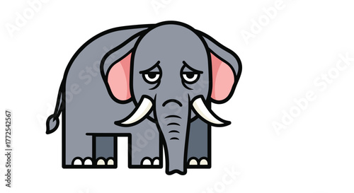 Sad cartoon elephant with big ears and tusks expresses disappointment in a simple graphic style