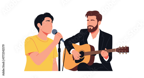 Dynamic duo performing live music, a vocalist sings into a microphone while a guitarist plays an acoustic guitar creating an energetic performance