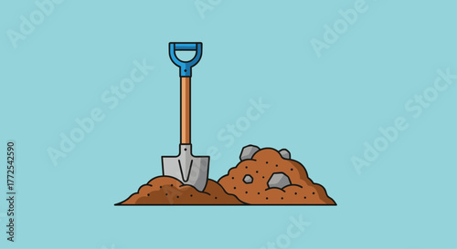 Professional shovel digging into rich soil with scattered rocks, symbolizing construction, gardening, and outdoor work projects