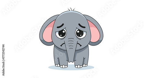 Heartbroken baby elephant with big sad eyes and droopy trunk expressing deep sorrow and disappointment