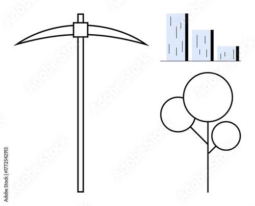 Pickaxe symbolizing resource extraction, tree representing environment, and bar graph denoting growth or analysis. Ideal for sustainability, mining, ecology, growth, economy, analysis resource