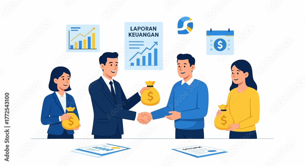 Obraz premium Illustration of business people shaking hands and exchanging money bags over a table with financial documents and graphs in the background.