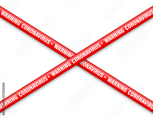 Quarantine zone warning tape. Novel coronavirus outbreak. Global lockdown. Red coronavirus danger stripe. Police caution line, restricted area. Construction tape. Vector illustration