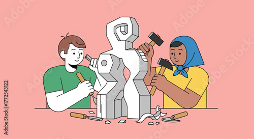 Artisan duo meticulously sculpts abstract stone masterpiece with hammers and chisels in bright studio setting