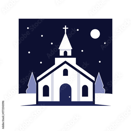 Snow covered church under midnight stars during christmas mass peaceful winter scene vector christmas
