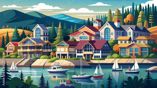 Very beautiful view of luxury waterfront homes facing the lake in Coeur d'Alene, Idaho, USA, with city beach, park, downtown resort, and marina visible, surrounded by calm water and scenic landscapes.