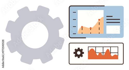 Gear and dashboard visuals with graphs, chart trends, and data. Ideal for statistics, analytics, business strategy, process improvement, productivity data flow and management. A simple flat