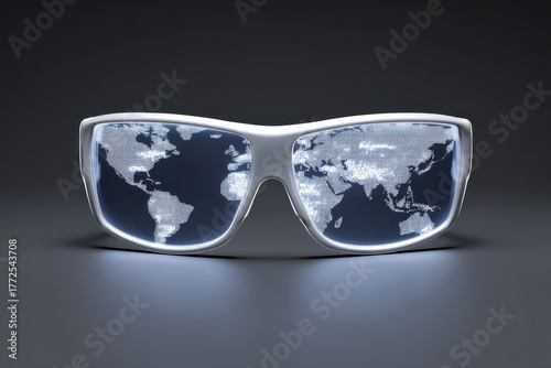 A pair of futuristic smart glasses projecting real-time translation with a world map design on the lenses.