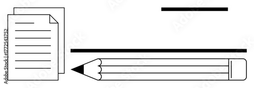 Paper with text and a pencil placed below bold and thin lines. Ideal for writing, creativity, education, documentation, planning, organization, communication. Simple flat metaphor