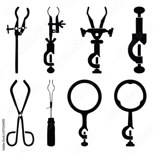 Clamp holder icons set. Labor...
