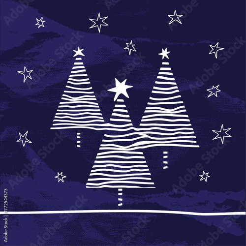 White Christmas trees and stars. Festive Christmas greeting card.  New Year background 