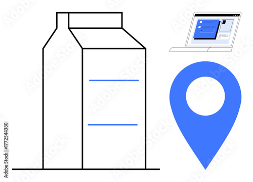 Minimalistic milk carton, blue geolocation pin, and laptop screen with user interface for delivery, grocery shopping, or e-commerce. Ideal for navigation, e-commerce, technology, delivery grocery
