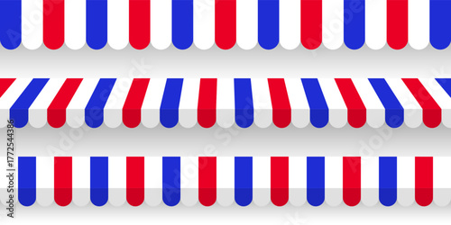 Shop sunshade. Realistic striped cafe awning. Outdoor market tent. Roof canopy in French flag colors. Summer street store. Vector illustration.