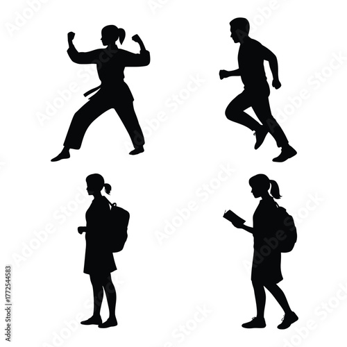Four diverse silhouette illustrations of people engaged in various activities vector