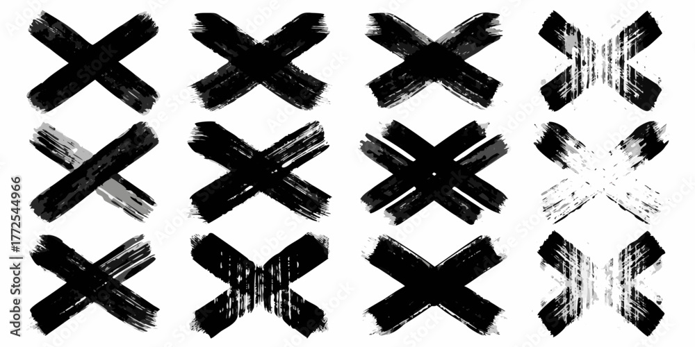 Fototapeta premium Collection of twelve diverse black and white brush stroke x marks and crosses on a white background