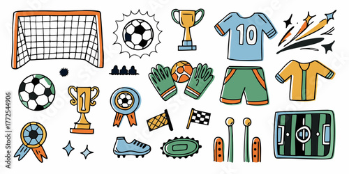 Collection of hand drawn soccer equipment and symbols in a playful doodle style