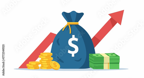 Flat lay illustration of a money bag with dollar sign, gold coins, and stacks of green bills with a rising red arrow on a white background.