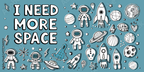 I need more space hand drawn doodle art with astronauts rockets planets and stars