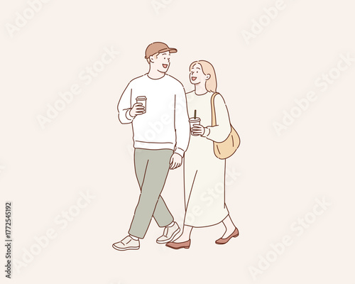 Romantic couple walking together with coffee, love and relationship concept, Hand drawn style vector design illustrations.