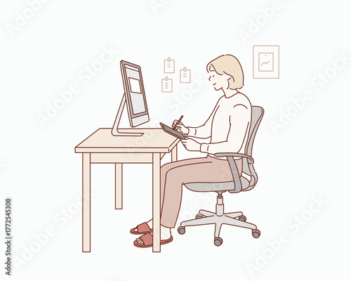 Woman working on computer at desk in home office, productivity and focus concept, Hand drawn style vector design illustrations.