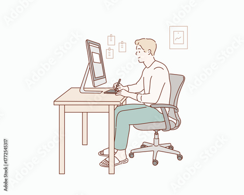 Man working on computer at desk in home office, productivity and focus concept, Hand drawn style vector design illustrations.