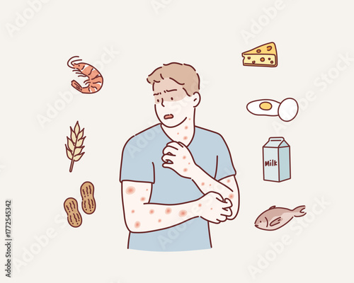 Man with skin allergy and itching caused by food allergies such as shrimp, milk, egg, and peanuts, Hand drawn style vector design illustrations.