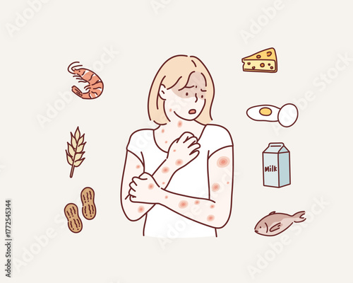 Woman with skin allergy and itching caused by food allergies such as shrimp, milk, egg, and peanuts, Hand drawn style vector design illustrations.