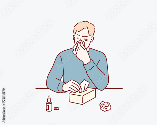 Man with runny nose and sneezing caused by allergy to pollen, dust or pets, Hand drawn style vector design illustrations.