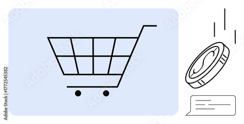 Shopping cart with a coin dropping into it and a comment bubble nearby. Ideal for e-commerce, investment, feedback, financial planning, consumer behavior, online shopping, transactions. Simple flat