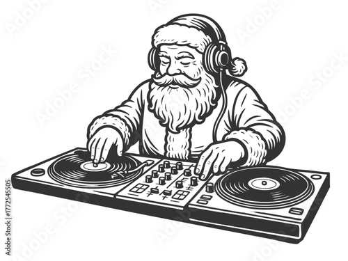 Santa Claus as a DJ mixing vinyl at a festive holiday party sketch engraving generative ai fictional character vector illustration. Scratch board imitation. Black and white image.