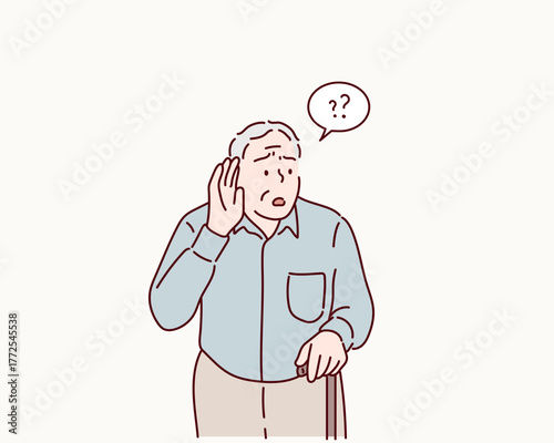 Elderly Man Struggling to Hear with Hand on Ear Hand drawn style vector design illustrations