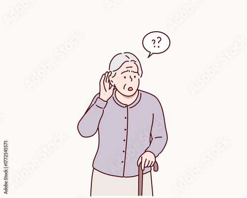 Elderly Woman Struggling to Hear with Hand on Ear Hand drawn style vector design illustrations.