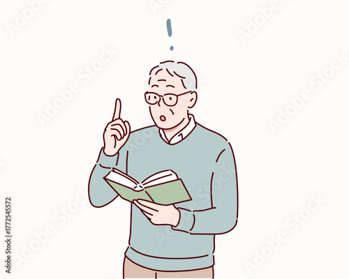Elderly Man Realizing Something While Reading Book Hand drawn style vector design illustrations.