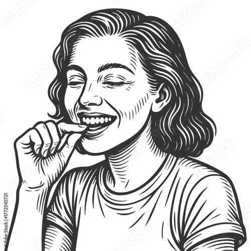 cheerful woman with short hair, happily smiling sketch engraving generative ai fictional character vector illustration. Scratch board imitation. Black and white image.