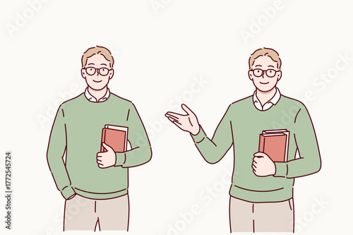 Man Holding Book Posing Two Scenes Hand drawn style vector design illustrations.