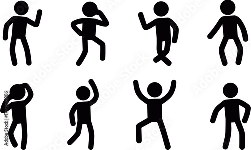 Stickman silhouette collection showing multiple dance and movement gestures, including standing, jumping, waving, and playful body poses for creative vector design and motion concept