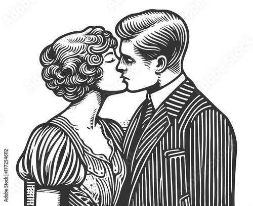 romantic couple sharing a kiss sketch engraving generative ai fictional character vector illustration. Scratch board imitation. Black and white image.