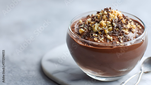 Smooth chocolate avocado mousse in a glass topped with nuts