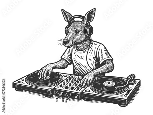 kangaroo wearing headphones and DJing with turntables, combining music and animal humor. sketch engraving generative ai fictional character vector illustration. Scratch board. Black and white image.