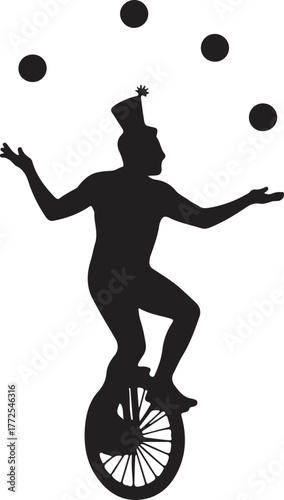Black silhouette of a juggler on a unicycle tossing balls juggling