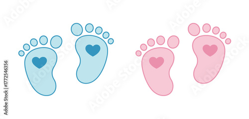 Scalable vector illustration of blue and pink baby footprints with hearts vector