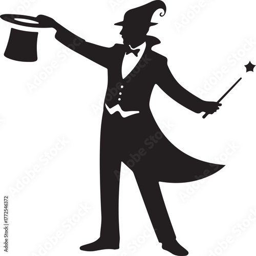 Black silhouette of a magician in a top hat and tuxedo holding a wand and top hat black and white performance