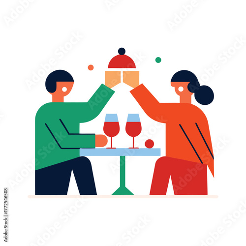 Two people clinking glasses together celebrating christmas festive dinner toasting celebration cheers vector christmas