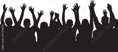 Crowd of people with hands raised in celebration or excitement black silhouette arms up
